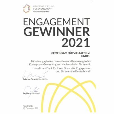 Gemeinsam für Vielfalt  ist „EngagementGewinner“ und gewinnt den begehrten Förderpreis der Deutschen Stiftung für Engagement und Ehrenamt (Pressemitteilung GfV)